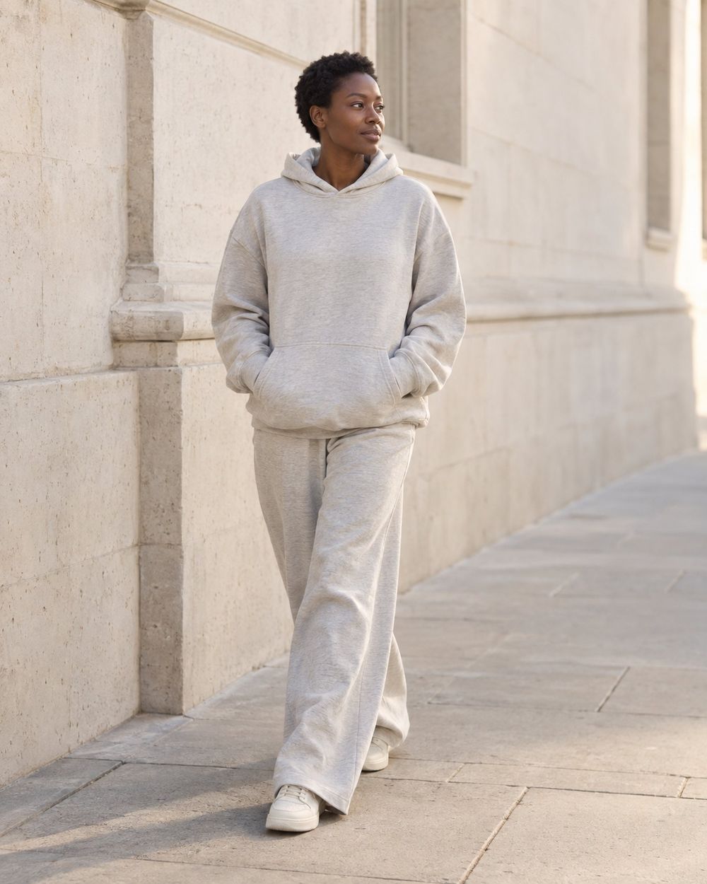 Grey oversized hoodie and wide-leg pants