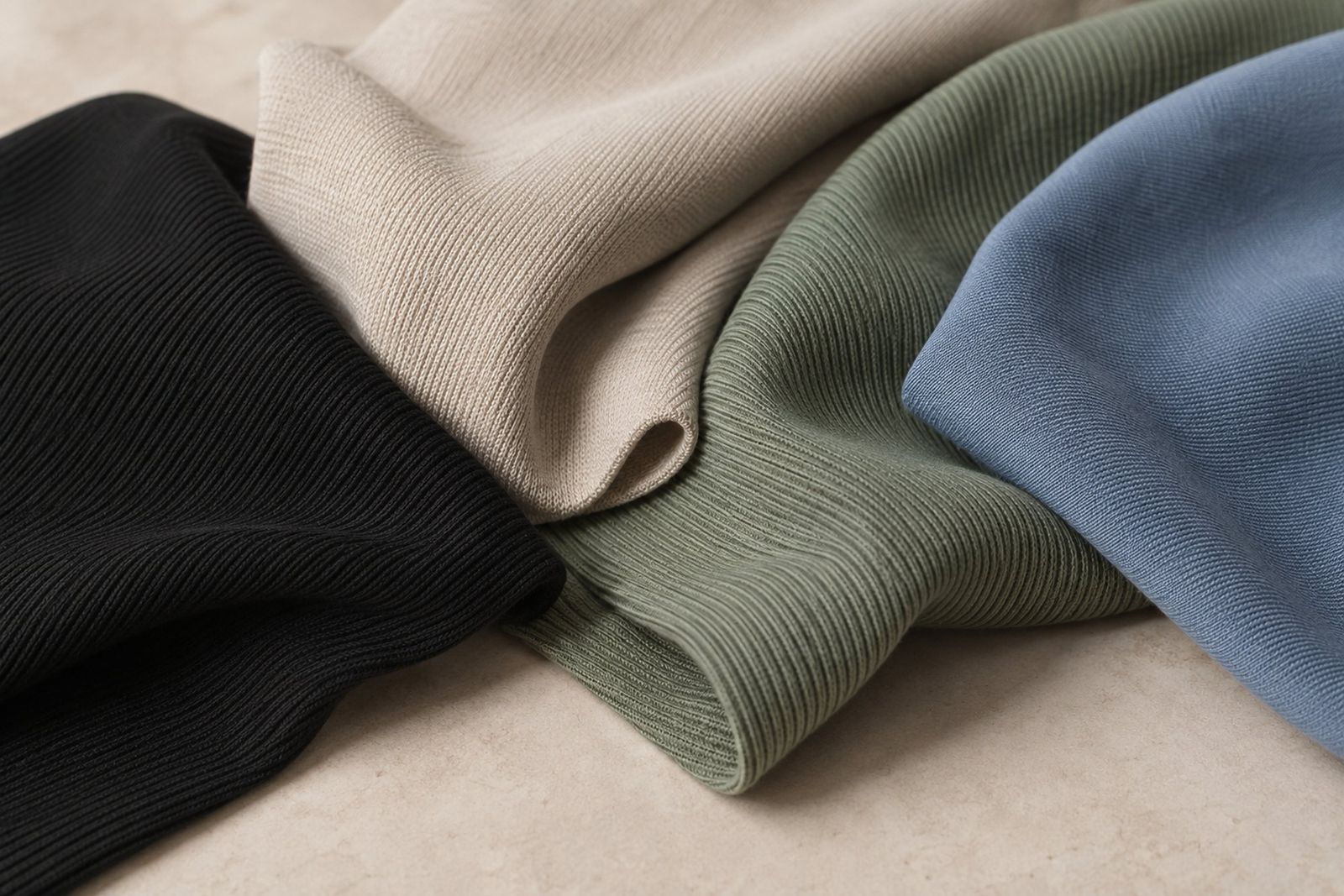 Rib-knit fabric swatches in black, oatmeal, sage and blue